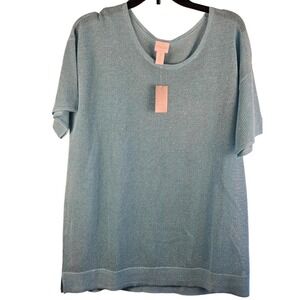 Chicos Milo Mesh Pullover Sweater Aqua Breeze Blue Metallic Knit Top Size 3